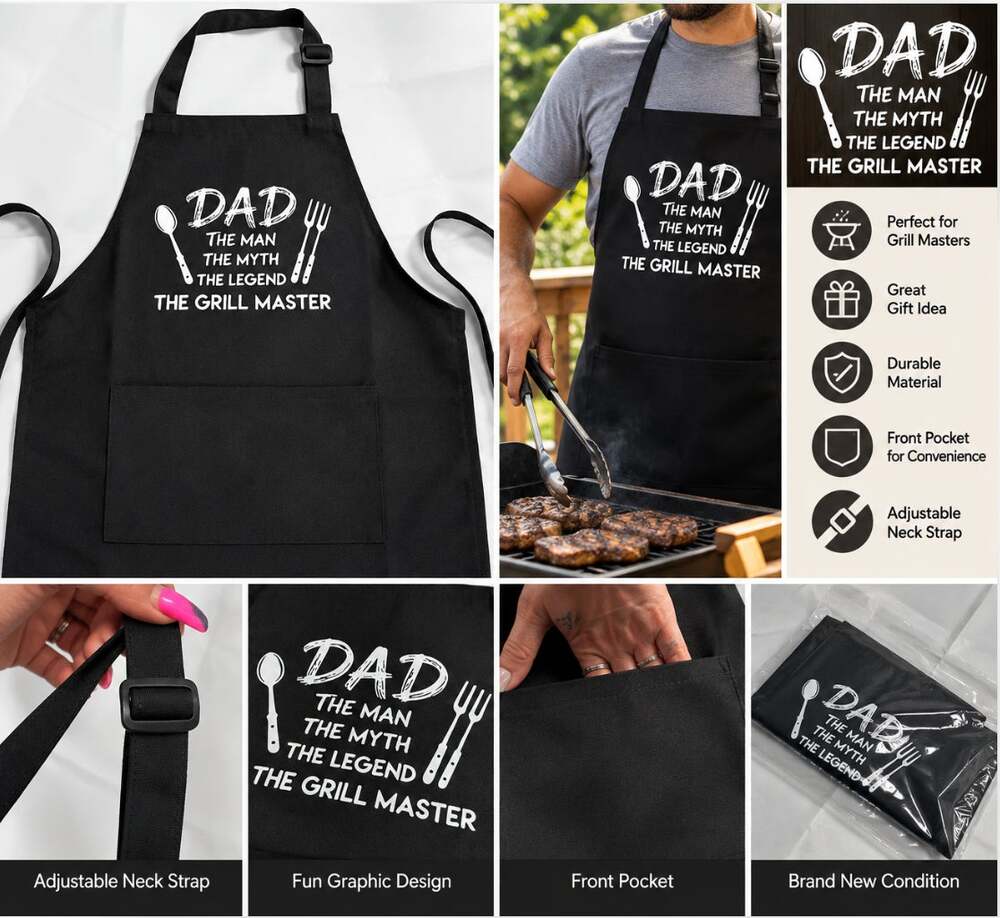 Dad Grill Master BBQ Apron Black Adjustable Cooking Apron Father's Day Gift